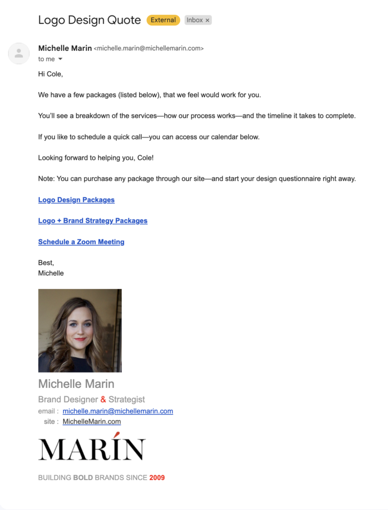 Gravity Forms notification pre-sales email from MichelleMarin.com
