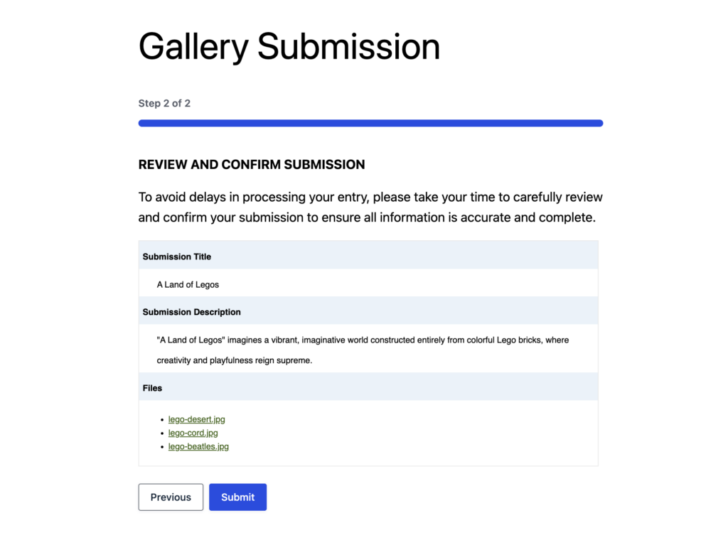gallery submission example with preview submission