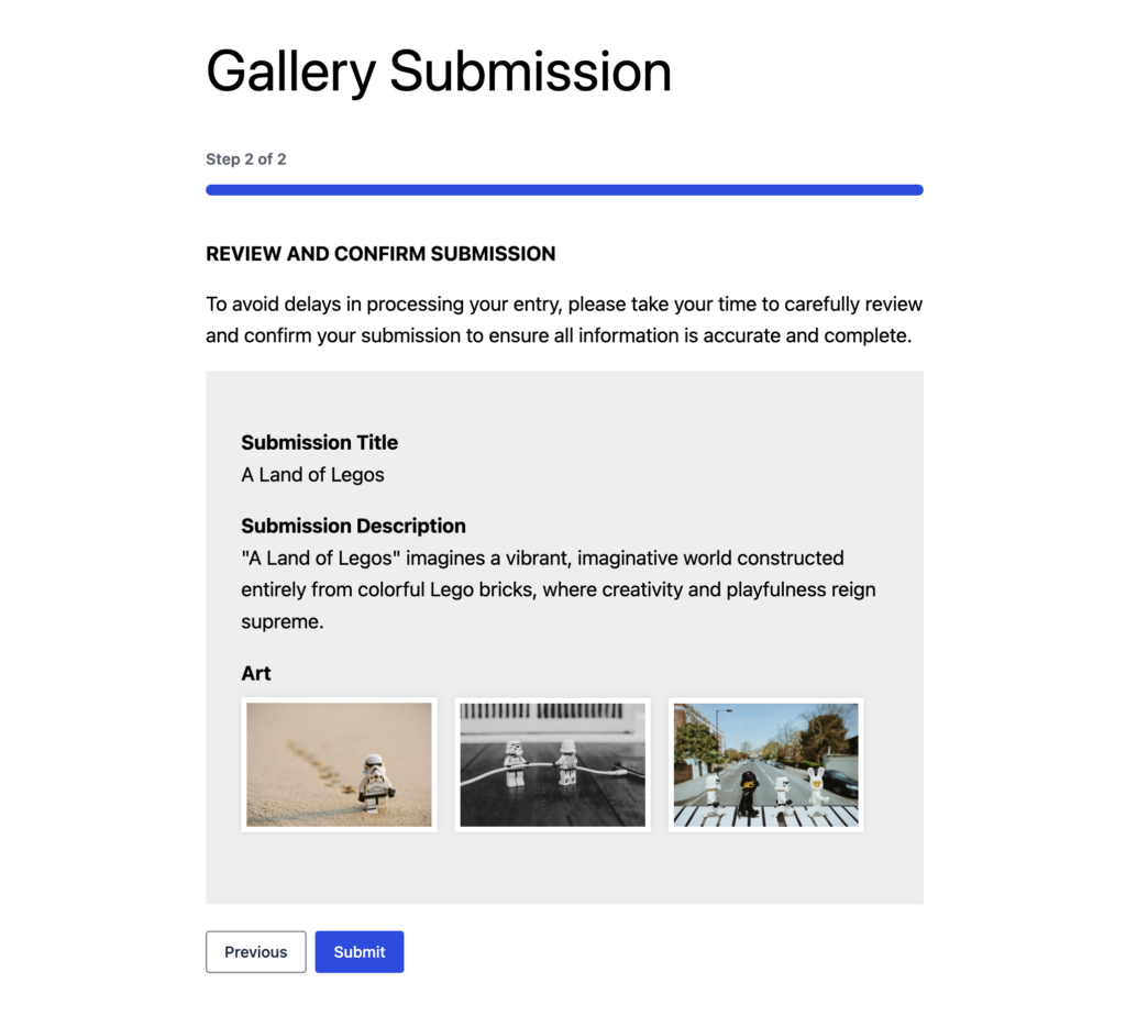 finished gallery submission example in gravity forms