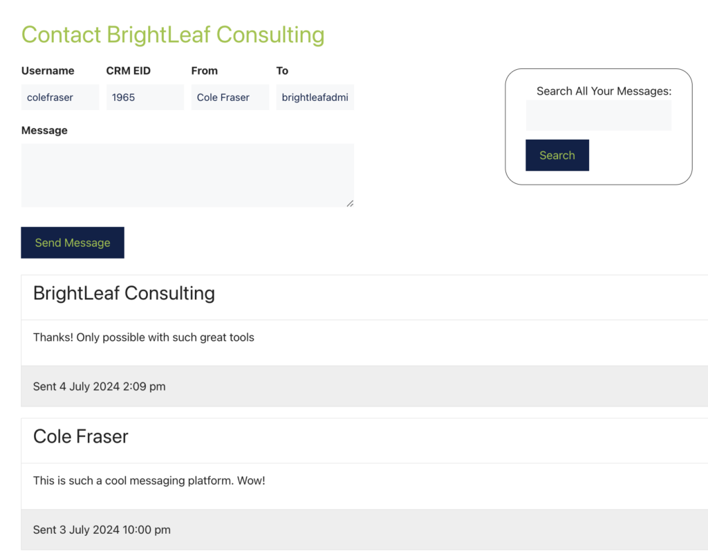 brightleaf consulting admin messaging view of a conversation