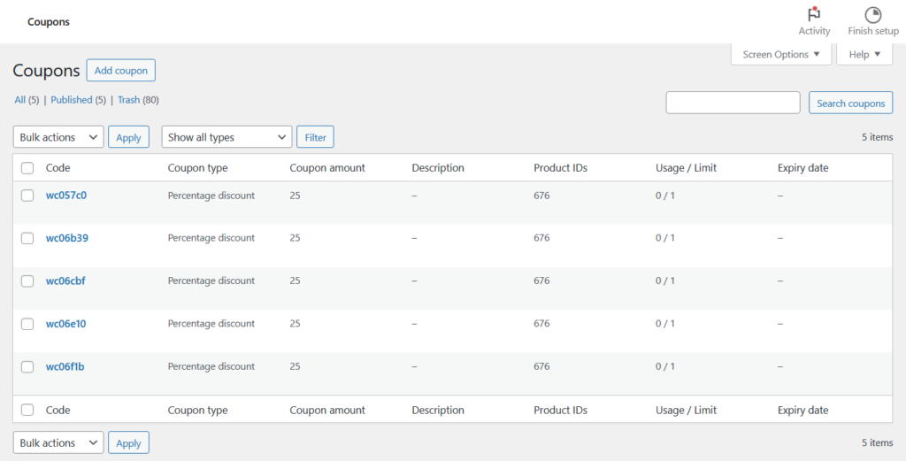 WooCommerce's coupon interface with five pre-generated coupons.