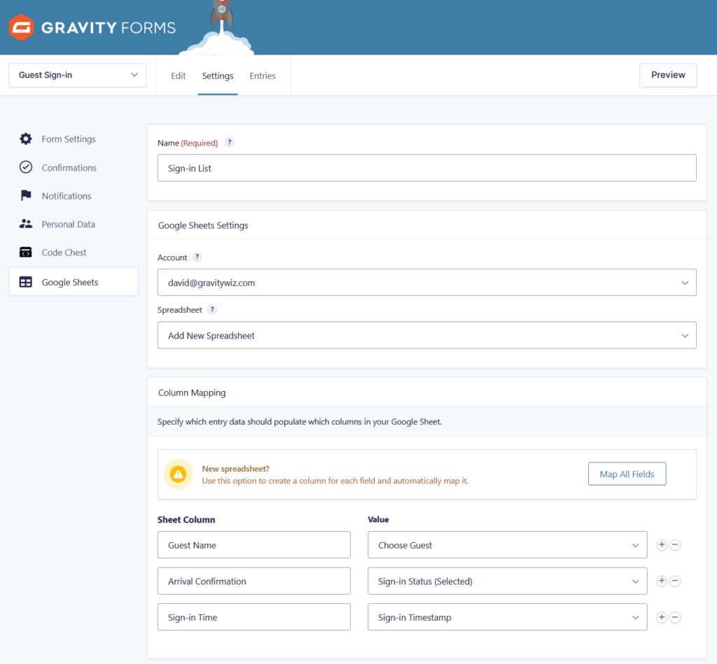 creating a new google sheets feed for arrivals