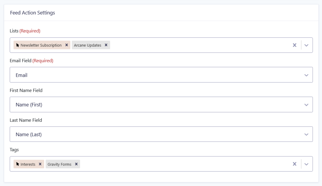 Configuring email, name, and which lists and tags to assign to the new MailPoet subscriber on GC MailPoet's Feed Action Settings