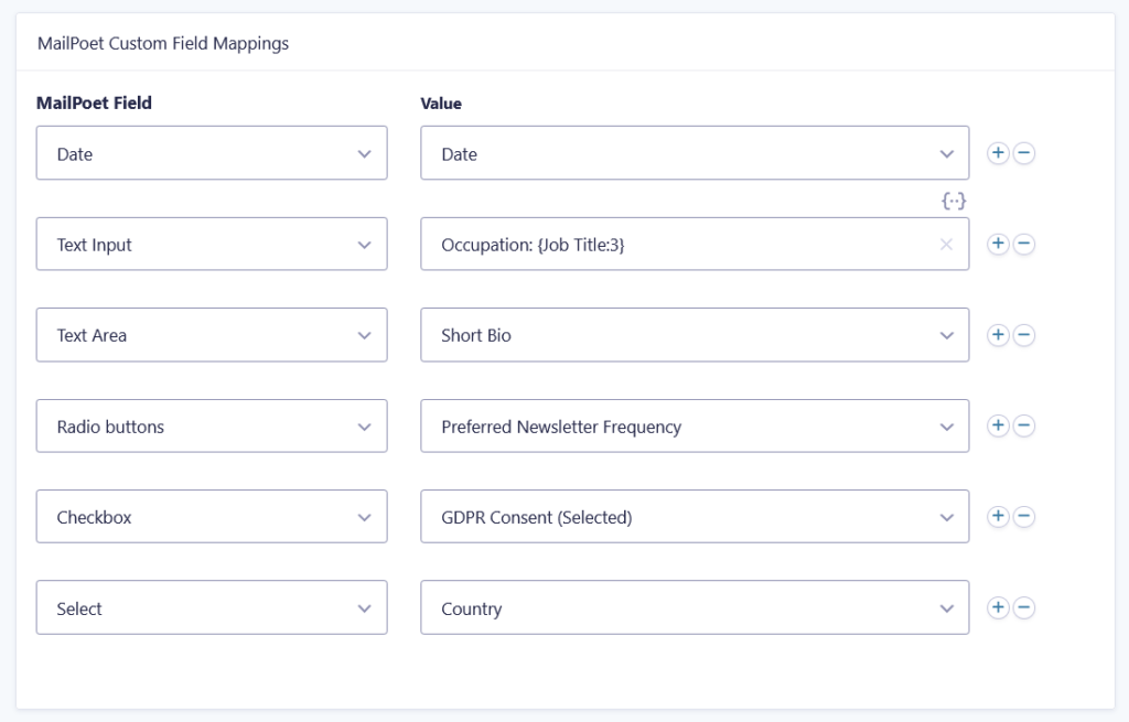 Mapping MailPoet custom fields to Gravity Forms fields in GC MailPoet's Custom Field Mappings