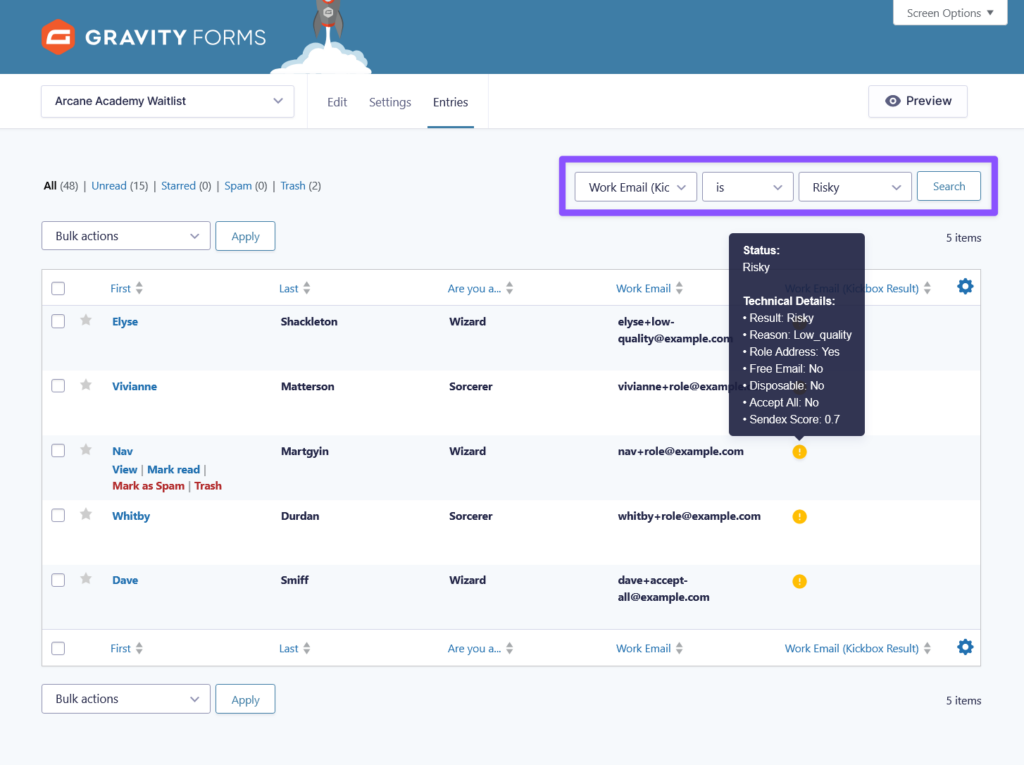 Filtering entries in the Gravity Forms entries table by emails flagged as "Risky".