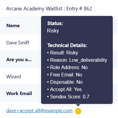 Kickbox's report of a "Risky" email displayed in GP Email Validator's technical details tooltip.