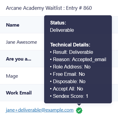 Kickbox's report of a "Deliverable" email displayed in GP Email Validator's technical details tooltip.