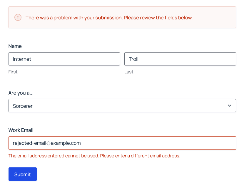 Form submission being rejected due to rejected email.