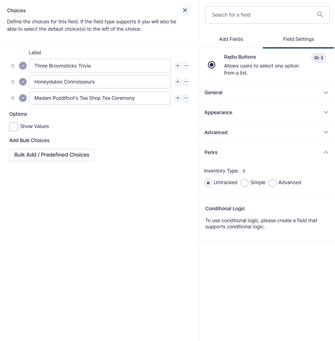 "Inv." column appearing when the field's Inventory Type is set.