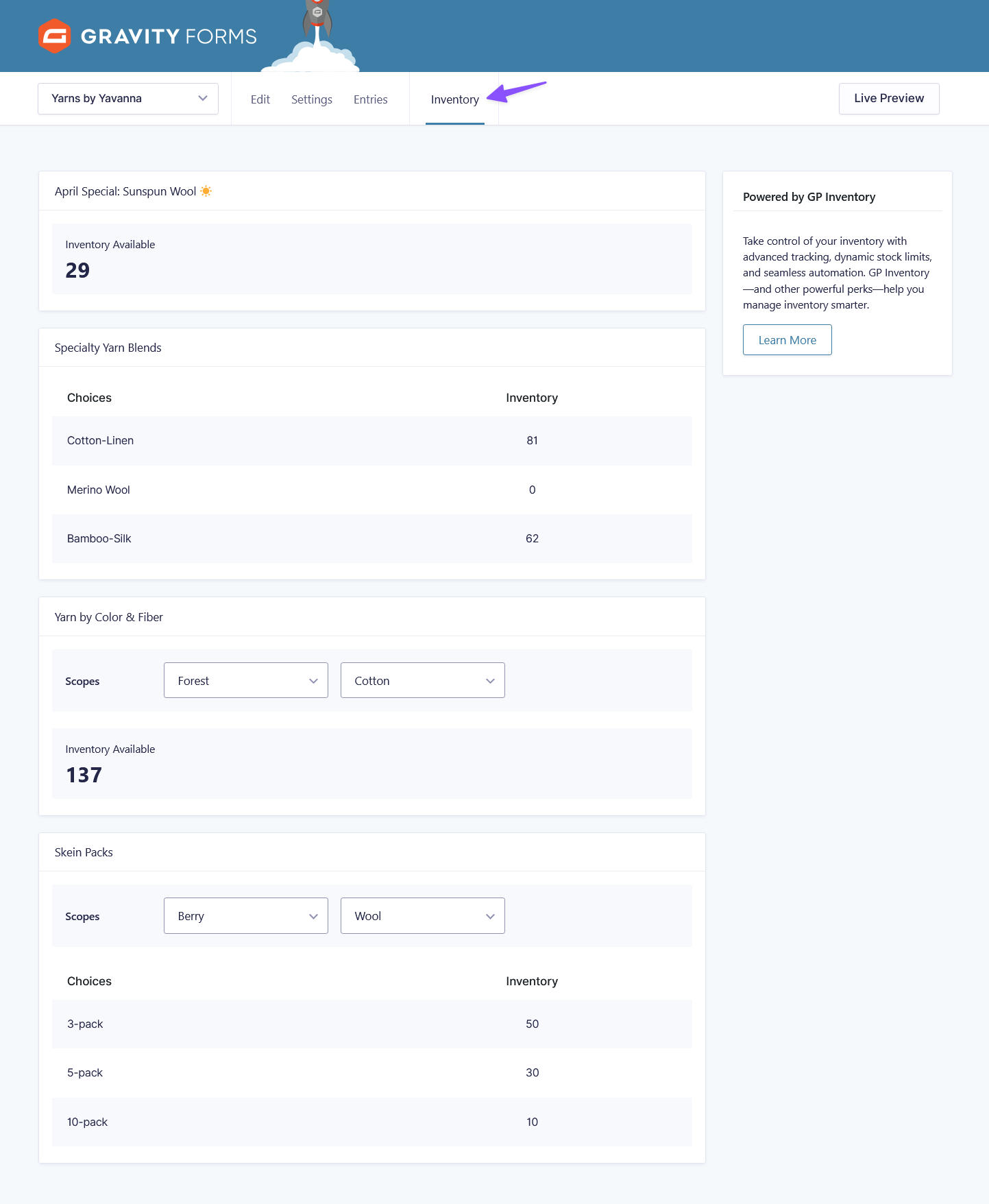 Gravity Forms Inventory