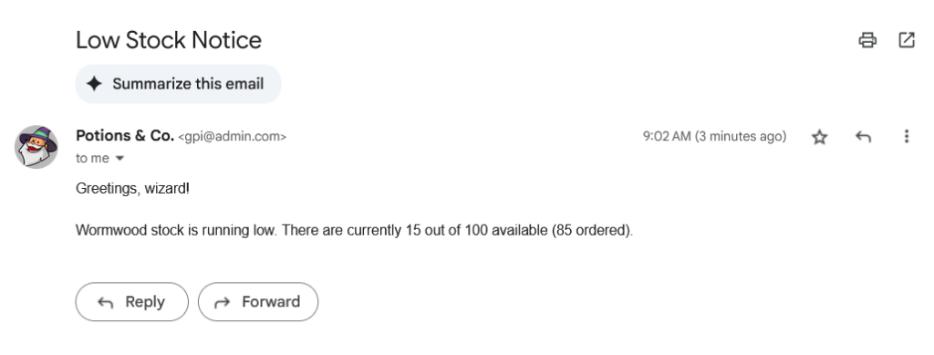 Email notification using GP Inventory's inventory shortcode.