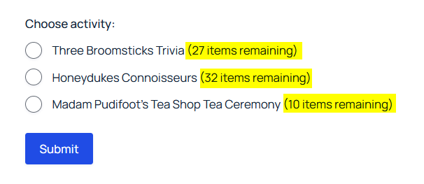 Highlighting "Show available inventory" message displaying next to each choice in the frontend.