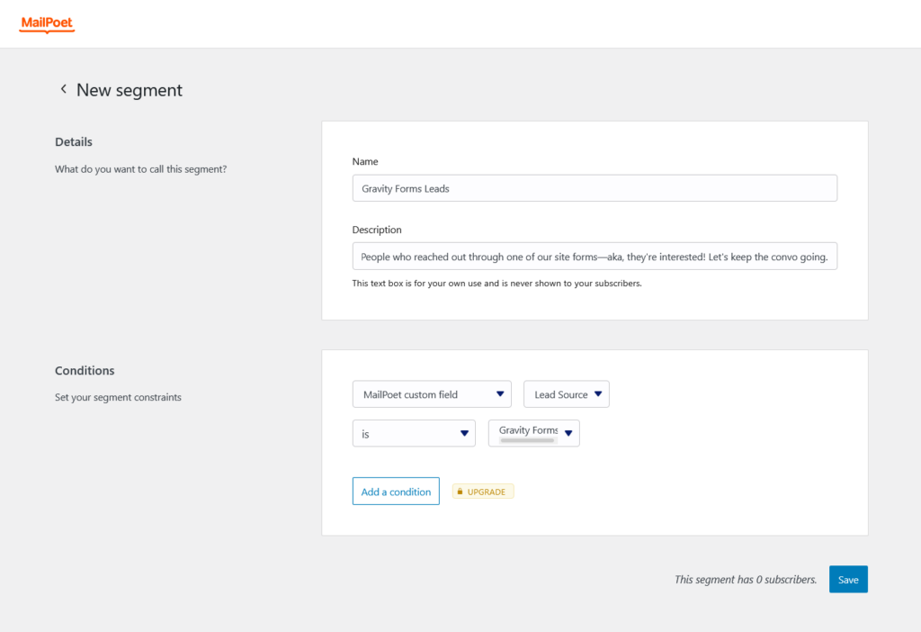 Creating a new MailPoet segment for subscribers that came from Gravity Forms