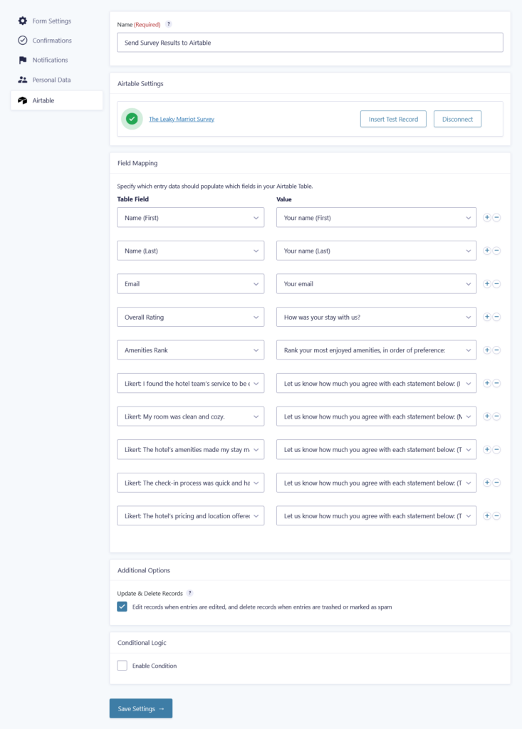 GC Airtable feed showing form fields mapped to Airtable fields.