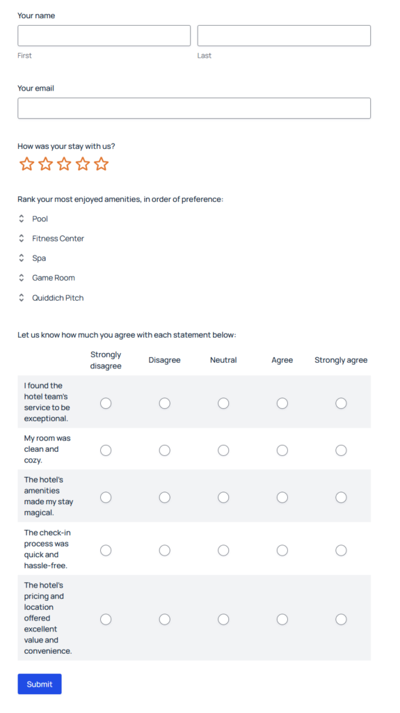 Survey made with Gravity Forms including Rating, Rank, and Likert fields.