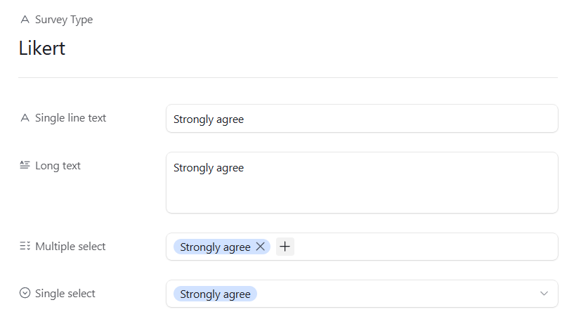 Airtable record with a Single line text, Long text, Multiple select, and Single select fields filled with data from Likert results.