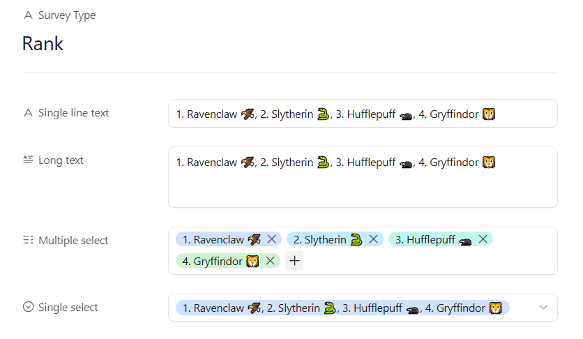 Airtable record with a Single line text, Long text, Multiple select, and Single select fields filled with data from Rank results.