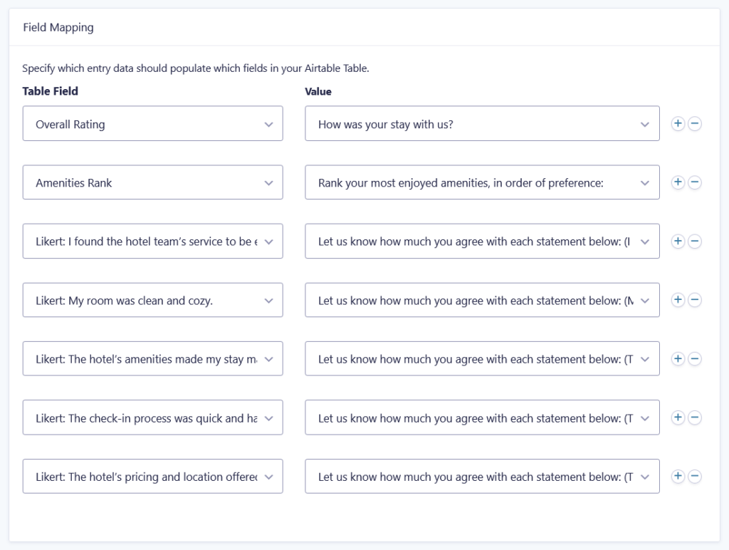 Gravity Forms Survey fields mapped to Airtable fields in a Gravity Connect: Airtable feed.