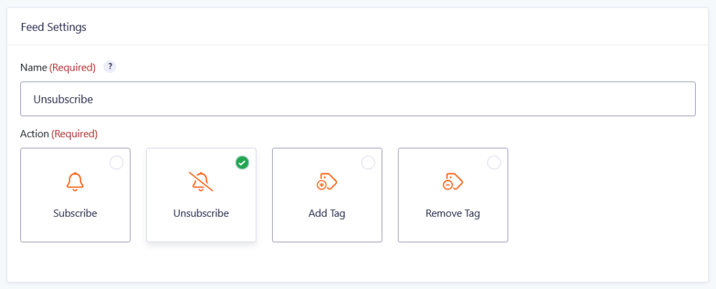 Selecting the "Unsubscribe" action in a GC MailPoet feed.