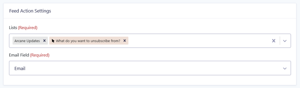 Mapping a MailPoet list, a MailPoet Lists field, and an Email field to a GC MailPoet feed.