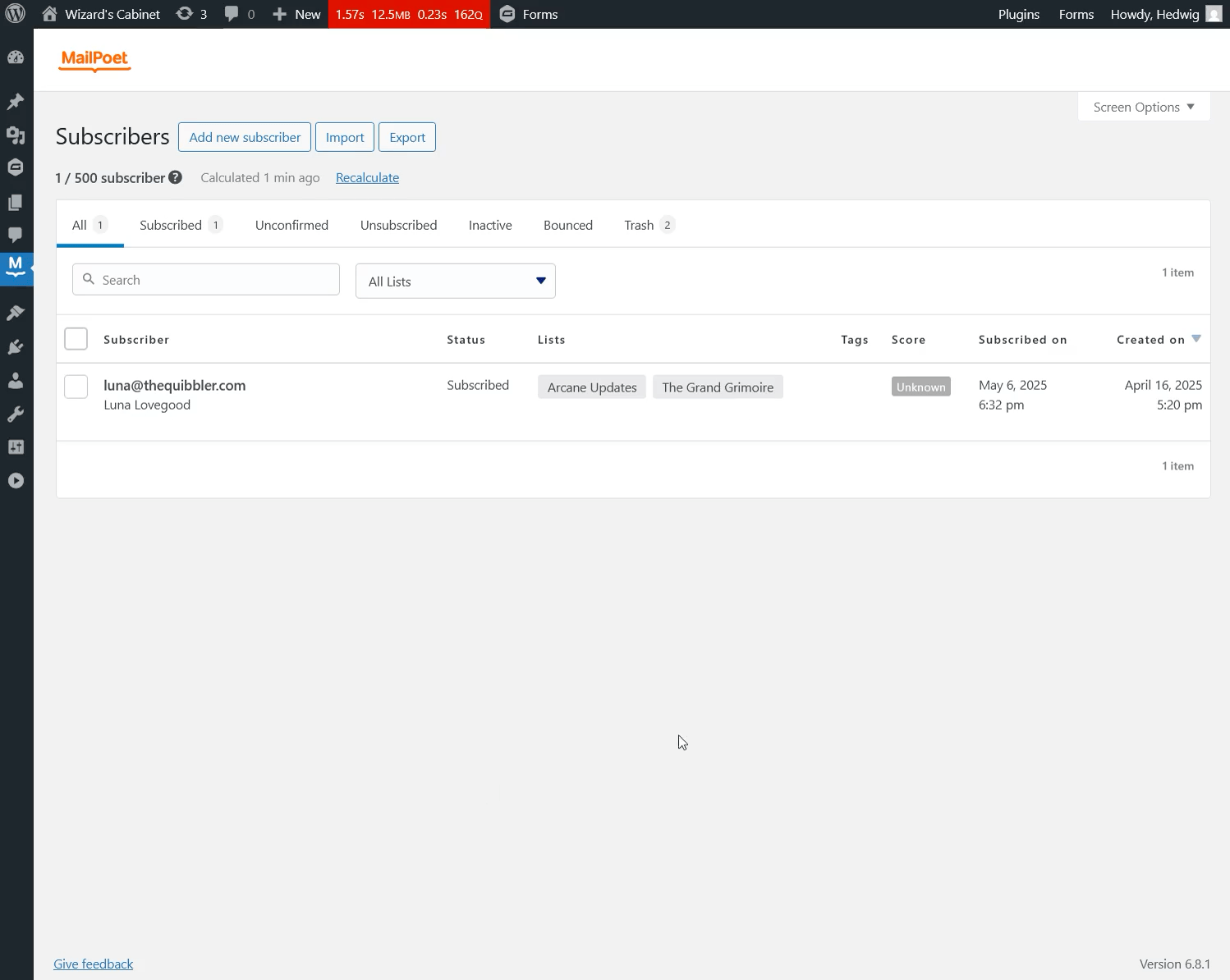 Showing a MailPoet subscriber unsubscribing from a MailPoet list via Gravity Forms.