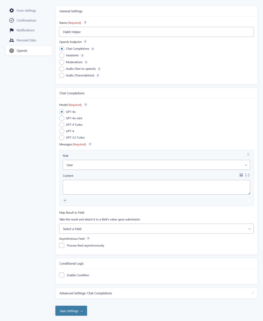 Showing GC OpenAI feed settings for choosing the Chat Completions endpoint and models.