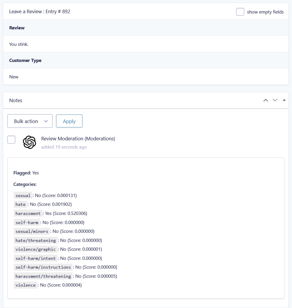 Viewing the OpenAI moderation report for a flagged entry in the entry details.