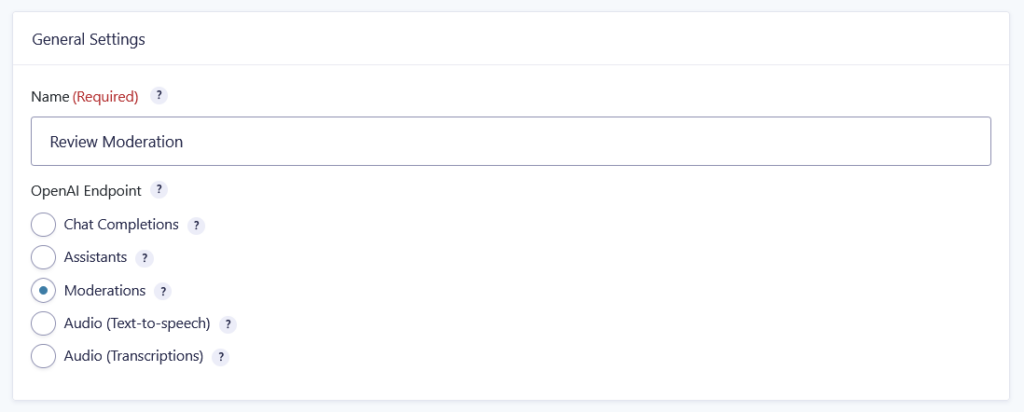 Selecting the Moderations endpoint in a GC OpenAI feed.