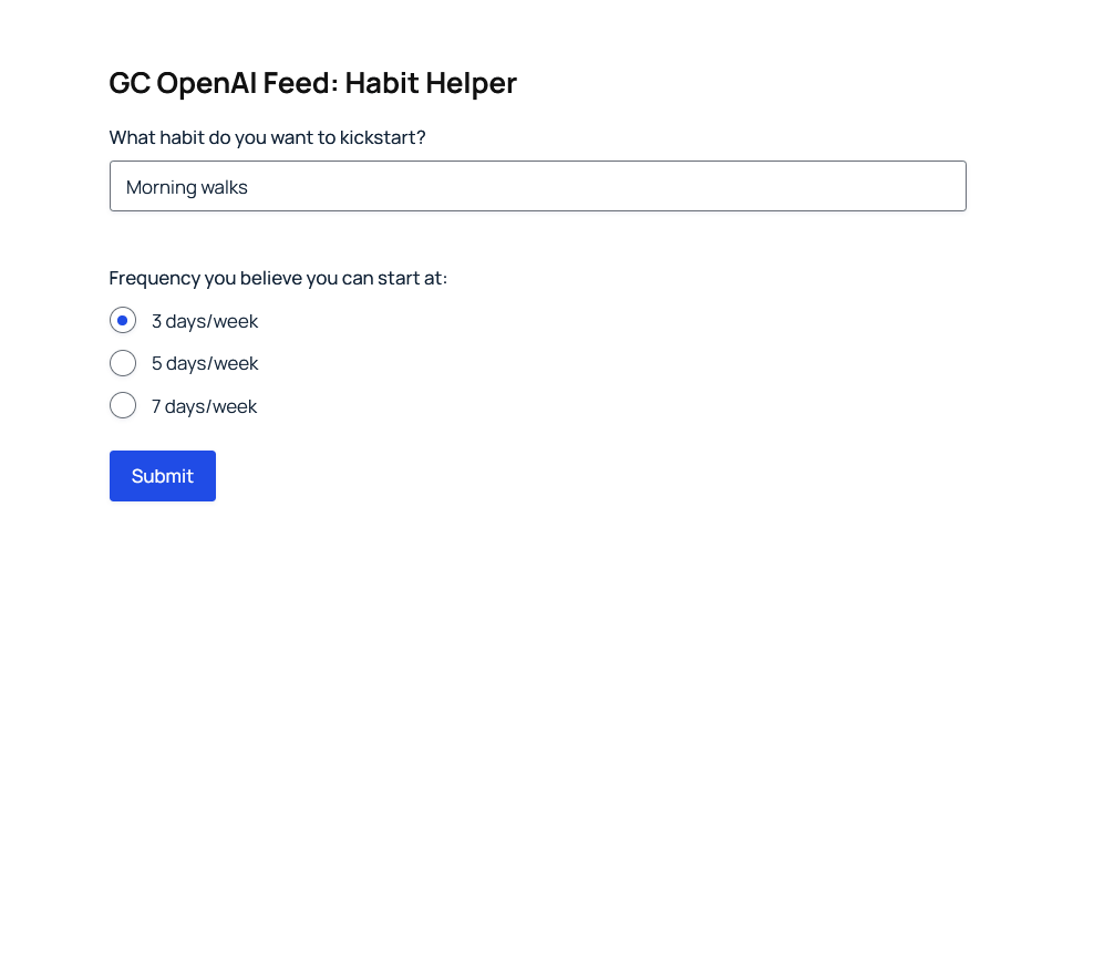 Showing demos of GC OpenAI's feed outputting after a form is submitted, and of GC OpenAI's stream field generating text in the form itself.