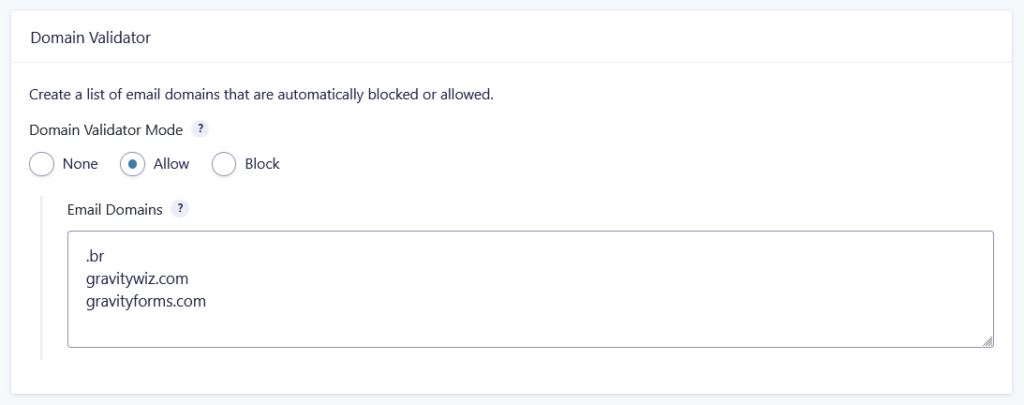 Allowing one top-level domain and two specific domains with GP Email Validator's "Allow" domain validator.