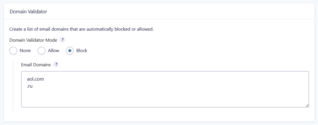 Blocking one specific domain and one top-level domain with GP Email Validator's "Block" domain validator.