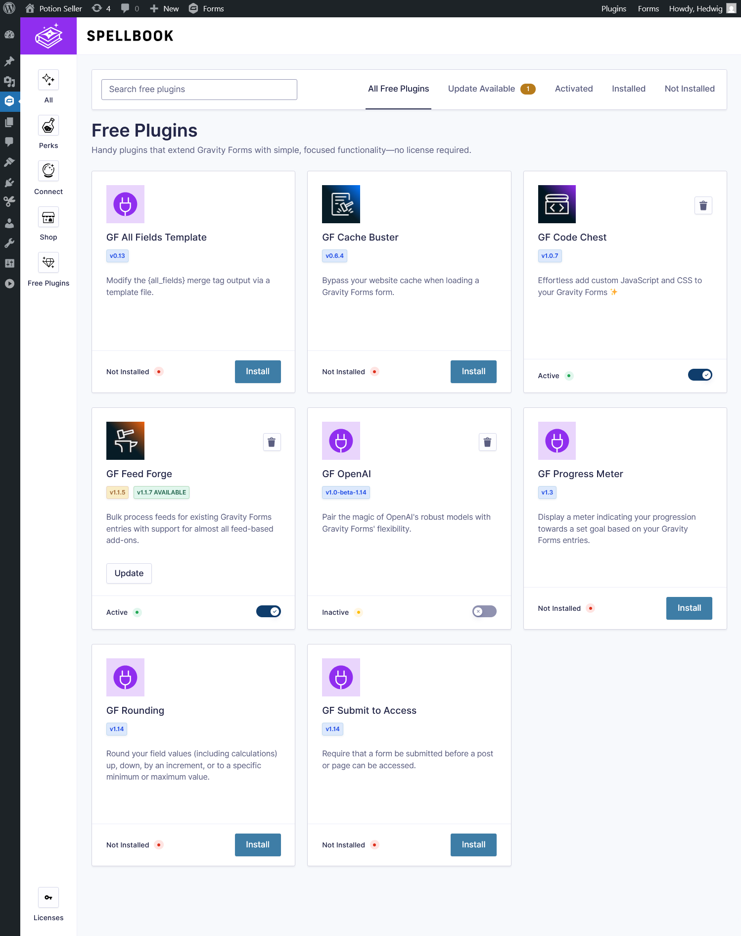 Showing Spellbook's free plugin area.