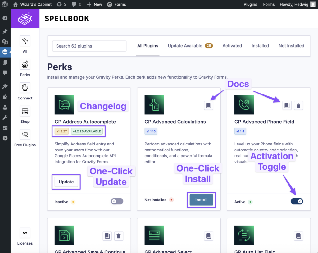 Pointing and signalizing helpful Spellbook links (like documentation) and features (like one-click installation).