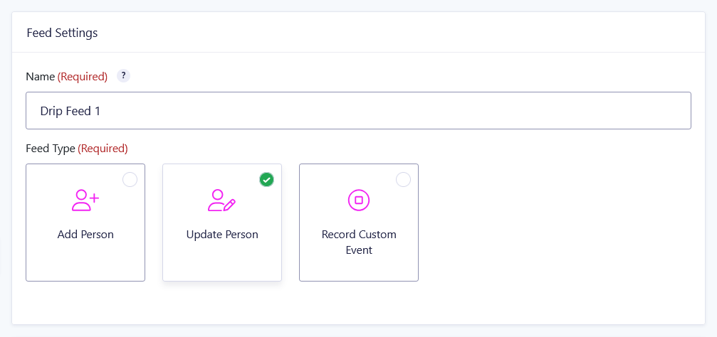 Choosing "Update Person" as the Feed Type in a GC Drip feed.