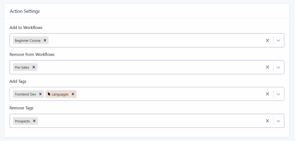 Setting up Action Settings in a GC Drip Update Person feed.