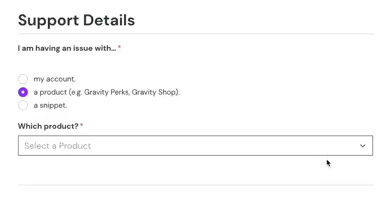 Searching for a product in a drop down using GP Advanced Select and GP Populate Anything, and having the product version be populated in a pop-up under it.