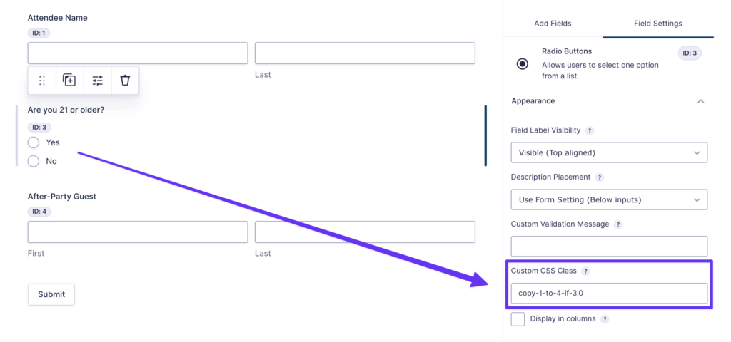 A Radio button field is selected, with the settings open on the right. The 'copy-1-to-4-if-3.0' class is entered in the Custom CSS Class box.