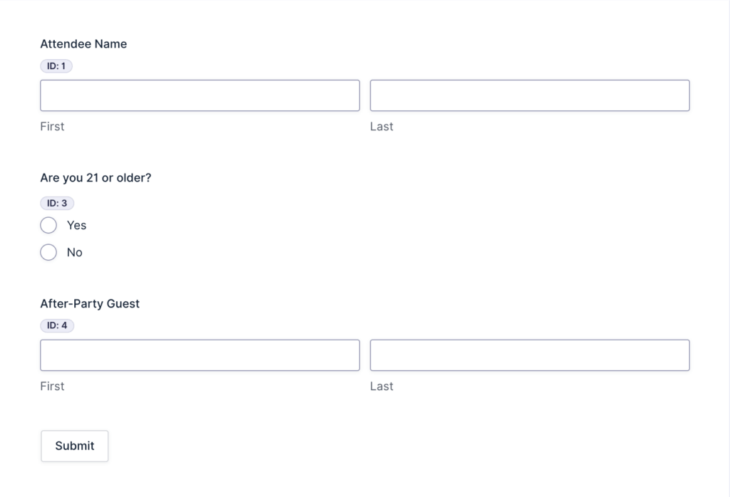 Gravity Forms editor showing an Attendee Name field, radio buttons with Yes/No options, and an After-Party Guest Name field.