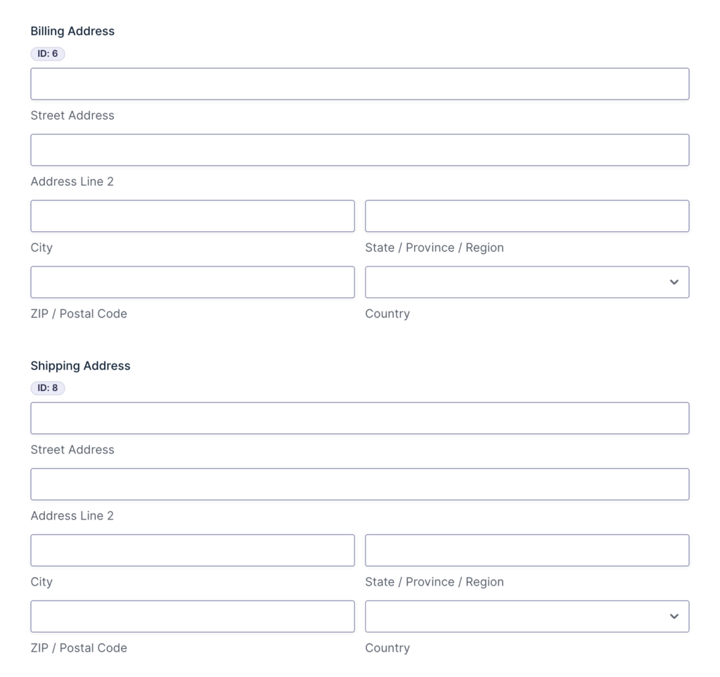 Gravity Forms Form Editor showing two Address fields: Field ID 6 labeled 'Billing Address' and Field ID 8 labeled 'Shipping Address'.