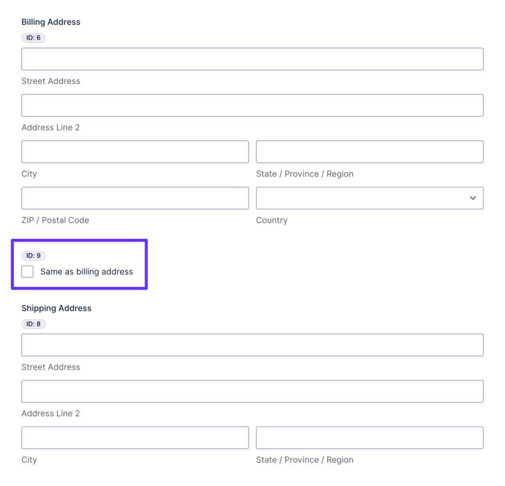 A Gravity Forms checkbox field with the label ‘Same as billing address’ is positioned between the Billing and Shipping address fields in the form editor.