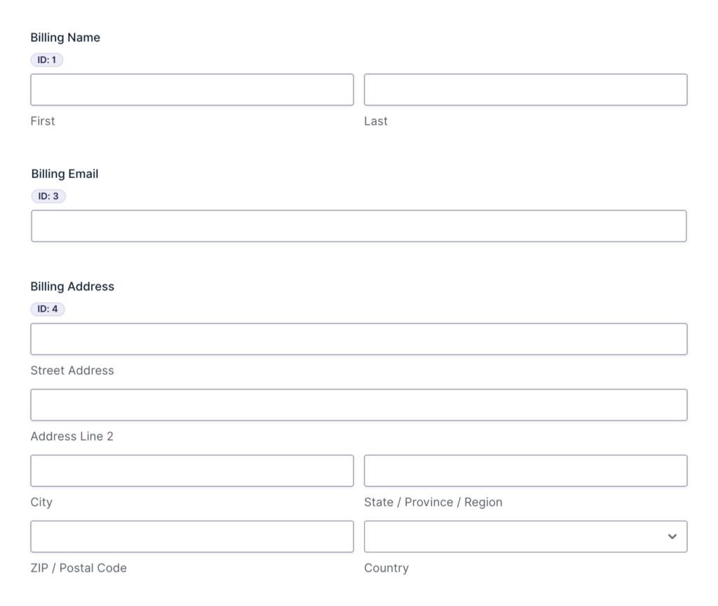 Gravity Forms Form Editor showing three fields: Name Field ID 1, Email Field ID 3, and Address Field ID 4.