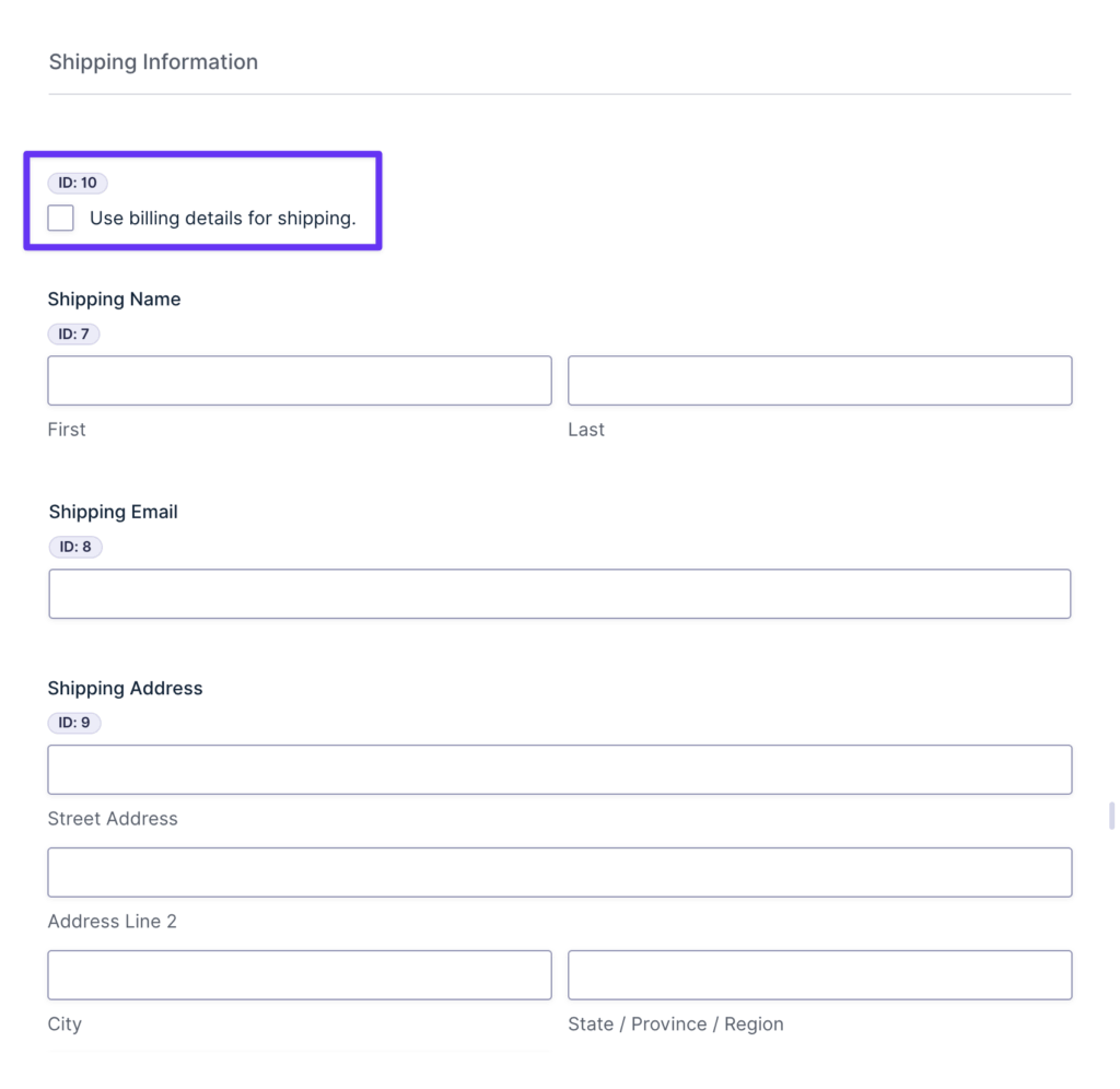 A Gravity Forms checkbox field with the label ‘Use billing details for shipping.’ is positioned before the shipping information fields.