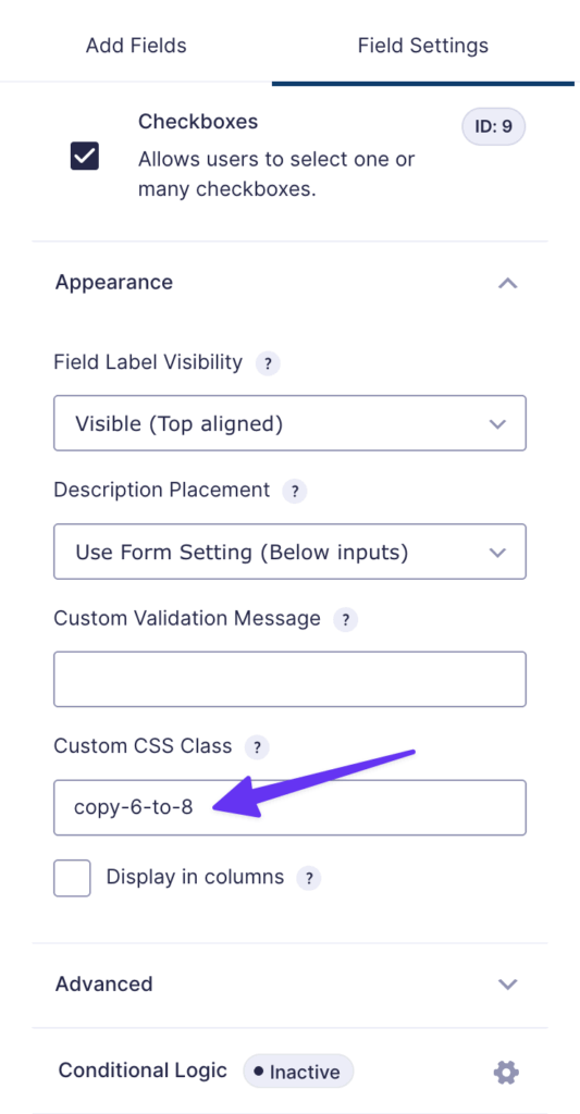 The Appearance tab of a checkbox field is displayed. The Copy Cat Class ‘copy-6-to-8’ is entered in the Custom CSS Class field.