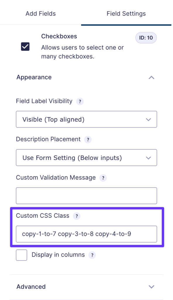 The Appearance tab of a checkbox field is displayed. The Copy Cat Class ‘copy-1-to-7 copy-3-to-8 copy-4-to-9’ is entered in the Custom CSS Class field.