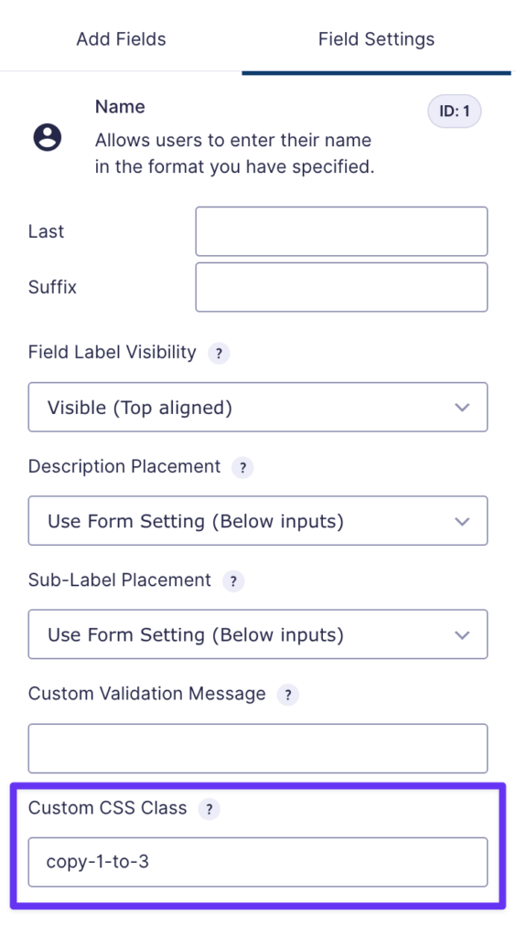 The Appearance tab of a name field is displayed. The Copy Cat class ‘copy-1-to-3’ is entered in the Custom CSS Class field.