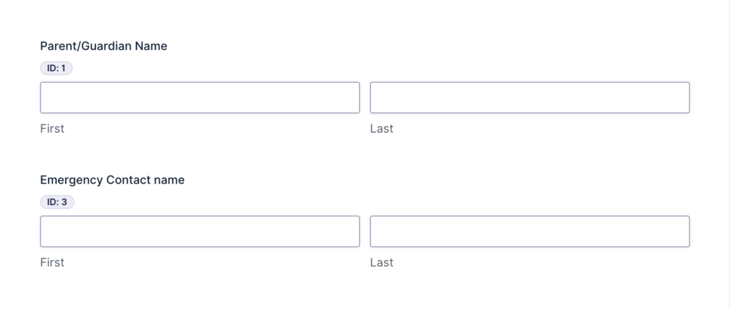 Gravity Forms Form Editor showing two Name fields: Field ID 1 (Parent/Guardian Name) and Field ID 3 (Emergency Contact Name).)