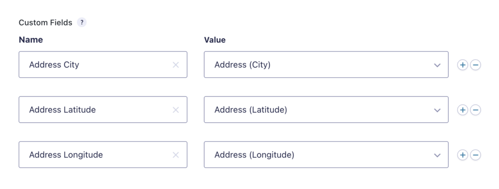 The Advanced Post Creation settings panel displays three address meta components: city, latitude, and longitude, mapped to their respective custom fields.