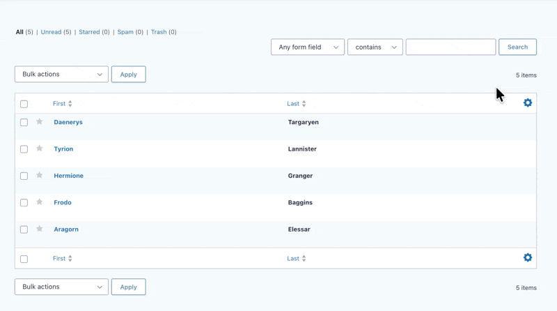 Shows a user selecting the gear icon on the entry list to drag city, country, latitude and longitude from the inactive columns to active columns.