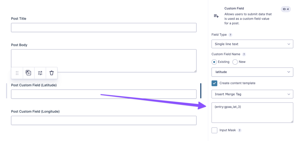A Post Custom Field is selected, with its settings open on the right. The Custom Field Name is set to ‘latitude’ and a merge tag {entry:gpaa_lat_3} is entered in the Content Template field.