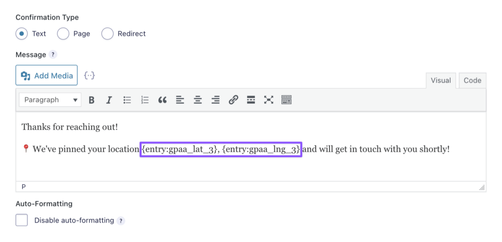 The confirmation message box shows two merge tags: {entry:gpaa_lat_3} for latitude and {entry:gpaa_lng_3} for longitude, highlighted with a purple box.